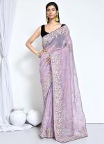 Organza Satin Silk Purple Wedding Wear Embroidery Work Saree